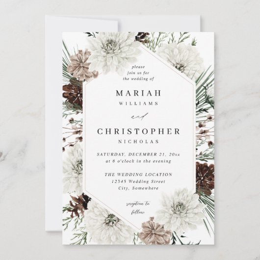 Winter White Floral & Pine Wedding Kaart (Voorkant)