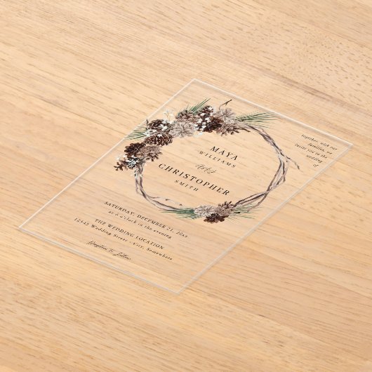 Winter White Floral & Pine Wedding Wreath Acryl Uitnodigingen (Laagn)