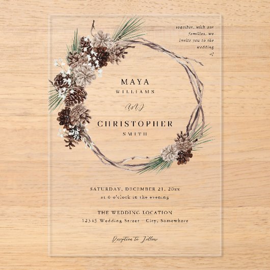 Winter White Floral & Pine Wedding Wreath Acryl Uitnodigingen (Voorkant)