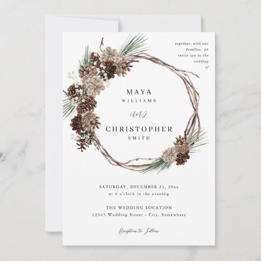 Winter White Floral & Pine Wedding Wreath Kaart (Voorkant)