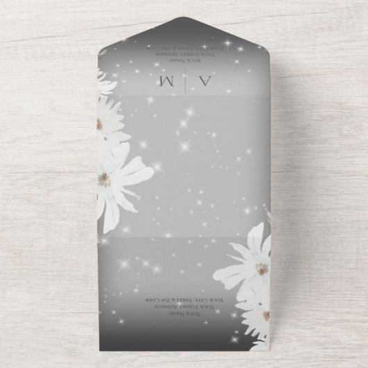 Winter White Floral Sparkle Grey QR Code All In One Uitnodiging (Buitenkant)