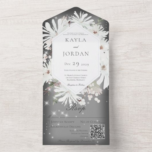 Winter White Floral Sparkle Grey QR Code All In One Uitnodiging (Binnen)
