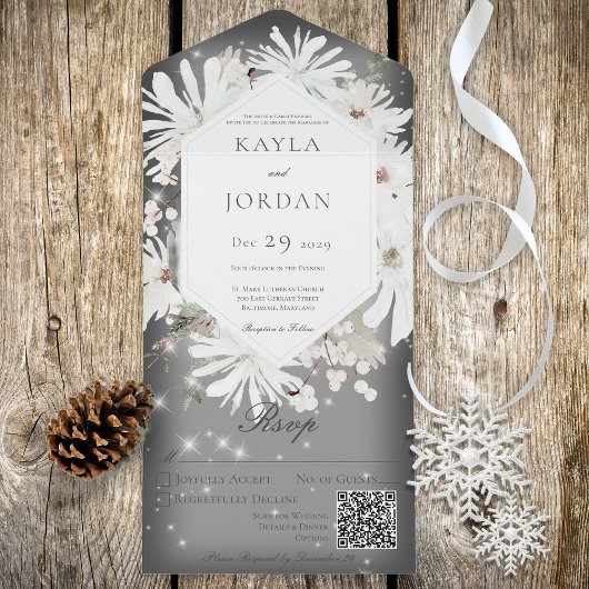 Winter White Floral Sparkle Grey QR Code All In One Uitnodiging