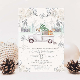 Winter White Floral Woodland Baby shower Kaart