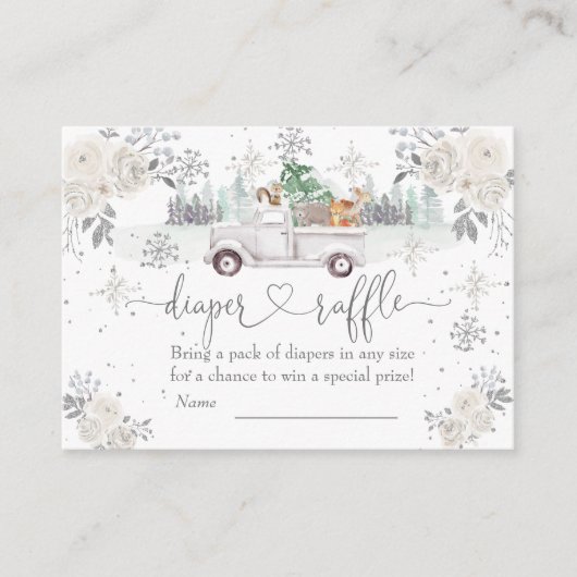 Winter White Floral Woodland Diaper Raffle Informatiekaartje (Voorkant)