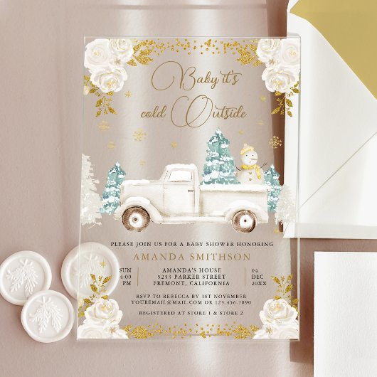 Winter White Gold Floral Truck Snowman Baby shower Acryl Uitnodigingen