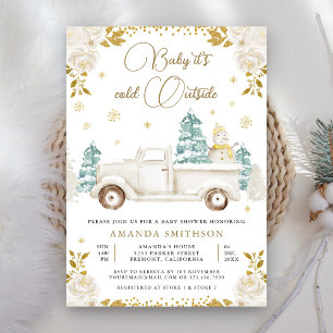 Winter White Gold Floral Truck Snowman Baby shower Kaart