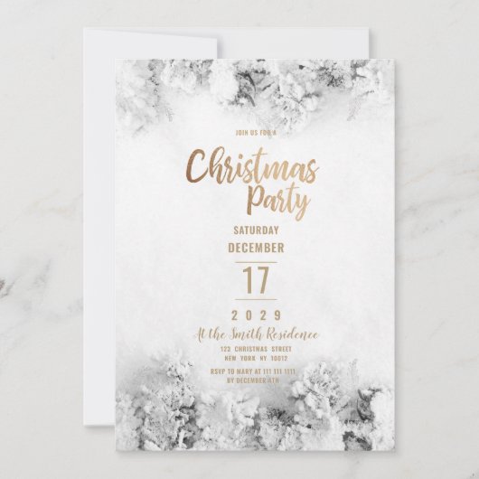 Winter white gold gray snow leaves Christmas Party Kaart (Voorkant)