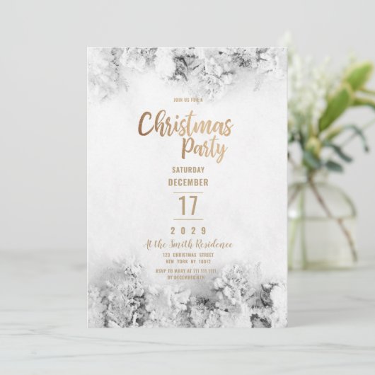 Winter white gold gray snow leaves Christmas Party Kaart (Staand voorkant)