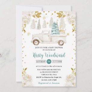 Winter White & Gold Truck Floral Baby shower Kaart