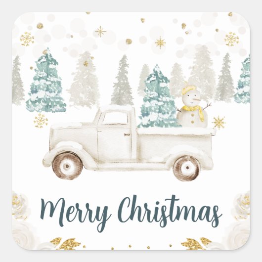 Winter White & Gold Truck Floral Merry Kerstmis Vierkante Sticker (Voorkant)