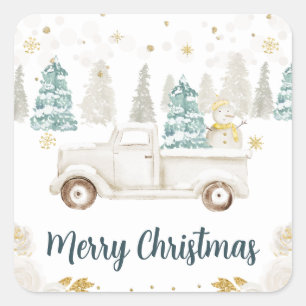 Winter White & Gold Truck Floral Merry Kerstmis Vierkante Sticker