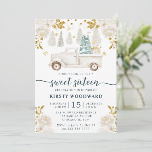 Winter White & Gold Truck Floral Sweet 16 Kaart (Staand voorkant)