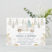 Winter White & Gold Truck Floral Wedding Kaart (Staand voorkant)