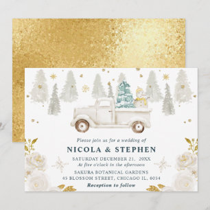 Winter White & Gold Truck Floral Wedding Kaart