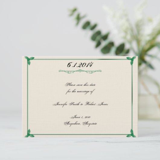 Winter White Green Mistletoe Wedding Save the Date (Staand voorkant)
