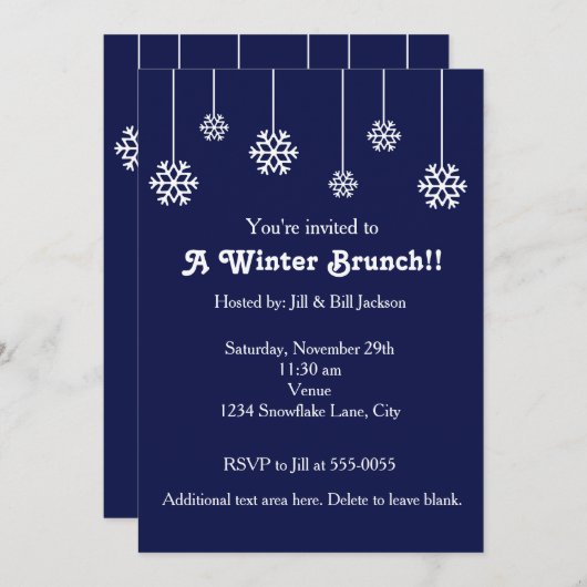 Winter White Hanging Snowflakes Blauwe Uitnodiging (Voorkant / Achterkant)