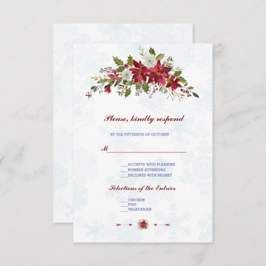 Winter White Poinsettia Snowflakes Weddenschap RSV RSVP Kaartje (Voorkant / Achterkant)