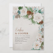 Winter White Rose en Pine Cone Wedding Kaart (Voorkant)