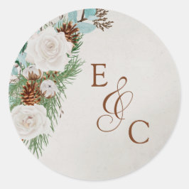 Winter White Rose en Pine Cone Wedding Monogram Ronde Sticker