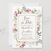 Winter White Roses Red Berries Gold Lijst Save The Date (Voorkant)