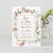 Winter White Roses Red Berries Gold Lijst Save The Date (Staand voorkant)