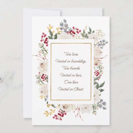 Winter White Roses Red Berries Gold Lijst Save The Date (Achterkant)