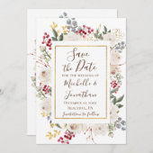 Winter White Roses Red Berries Gold Lijst Save The Date (Voorkant / Achterkant)