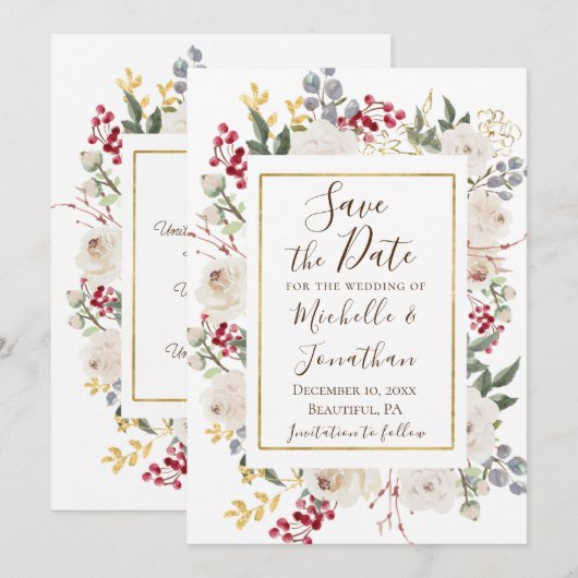 Winter White Roses Red Berries Gold Lijst Save The Date (Voorkant / Achterkant)