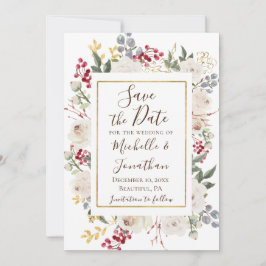 Winter White Roses Red Berries Gold Lijst Save The Date