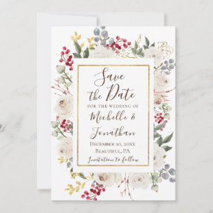 Winter White Roses Red Berries Gold Lijst Save The Date