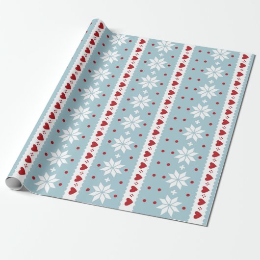 Winter White Snowflake Red Love Hearts Nordic Cadeaupapier (Uitgerold)