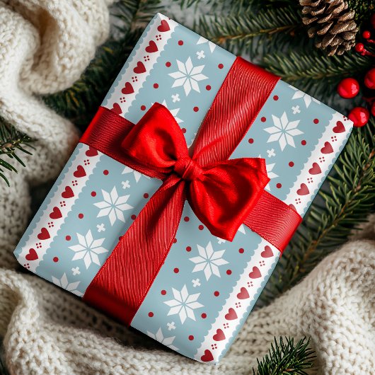 Winter White Snowflake Red Love Hearts Nordic Cadeaupapier