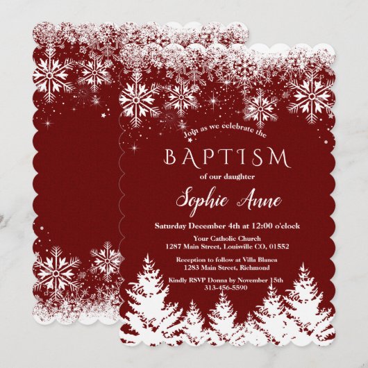 Winter White Snowflakes Red Glitter Girl Baptisme Kaart (Voorkant / Achterkant)