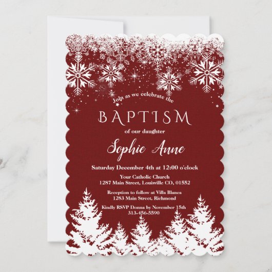 Winter White Snowflakes Red Glitter Girl Baptisme Kaart (Voorkant)