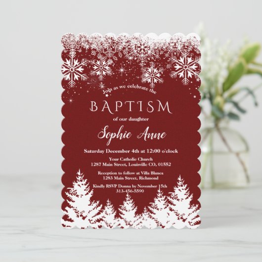 Winter White Snowflakes Red Glitter Girl Baptisme Kaart (Staand voorkant)