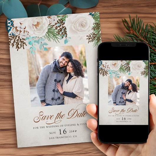 Winter White Wedding Rozen and Pine Photo Save The Date