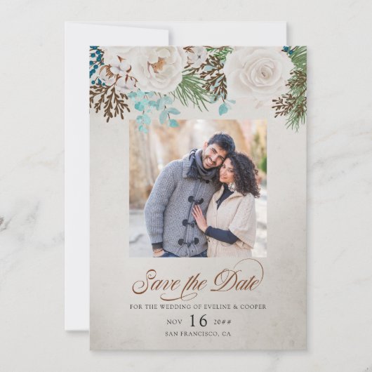 Winter White Wedding Rozen and Pine Photo Save The Date (Voorkant)