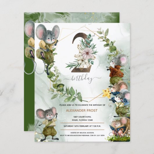 Winter Wilde Muizen 2e verjaardag Uitnodiging (Voorkant / Achterkant)