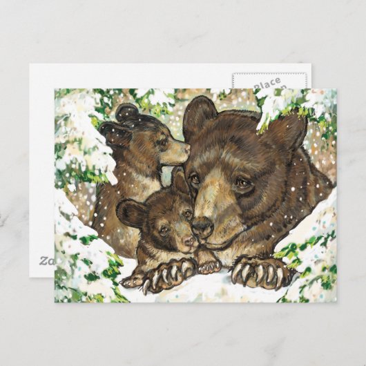 Winter Wildlife Art Black Beer Moeder en kubussen Briefkaart (Voorkant / Achterkant)