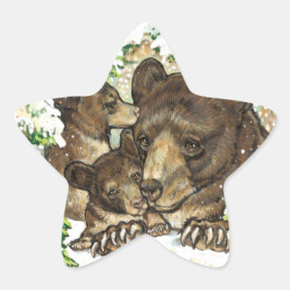 Winter Wildlife Art Black Beer Moeder en kubussen Ster Sticker