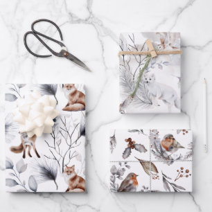 Winter Wildlife Fox Birds Ermine Seasonal Greenery Inpakpapier Vel