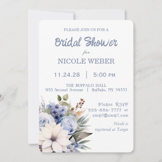 Winter Wit Blauw Bloemen Bruids Douche Uitnodiging (Voorkant)