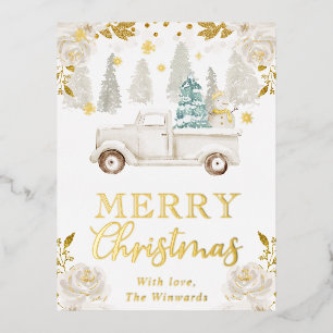 Winter Wit & Goud Truck Bloem Kerstvakantie Folie Feestdagen Briefkaart