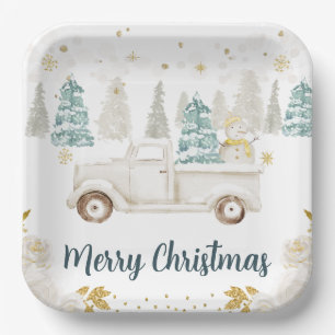 Winter Wit & Goud Truck Bloemrijke Prettig Kerstfe Papieren Bordje