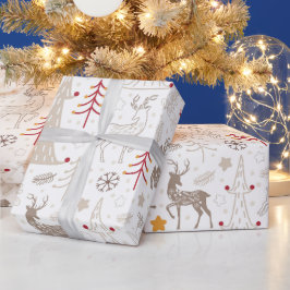 Winter Wit, Kerstboom en Herten Cadeaupapier
