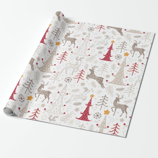 Winter Wit, Kerstboom en Herten Cadeaupapier (Uitgerold)