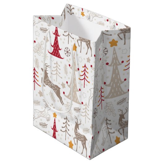 Winter Wit, Kerstboom en Herten Medium Cadeauzakje (Voorkant Gekanteld)