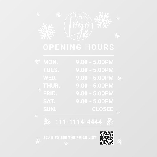 Winter Witte Bedrijfs openingsuren logo qr code Raamsticker (Vel)