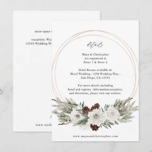 Winter Witte Bloemen & dennen Details Informatiekaartje (Voorkant / Achterkant)